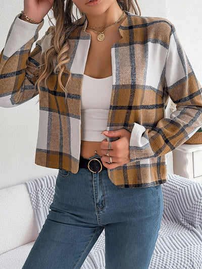 Plaid Long Sleeves Open Front Cropped Jacket