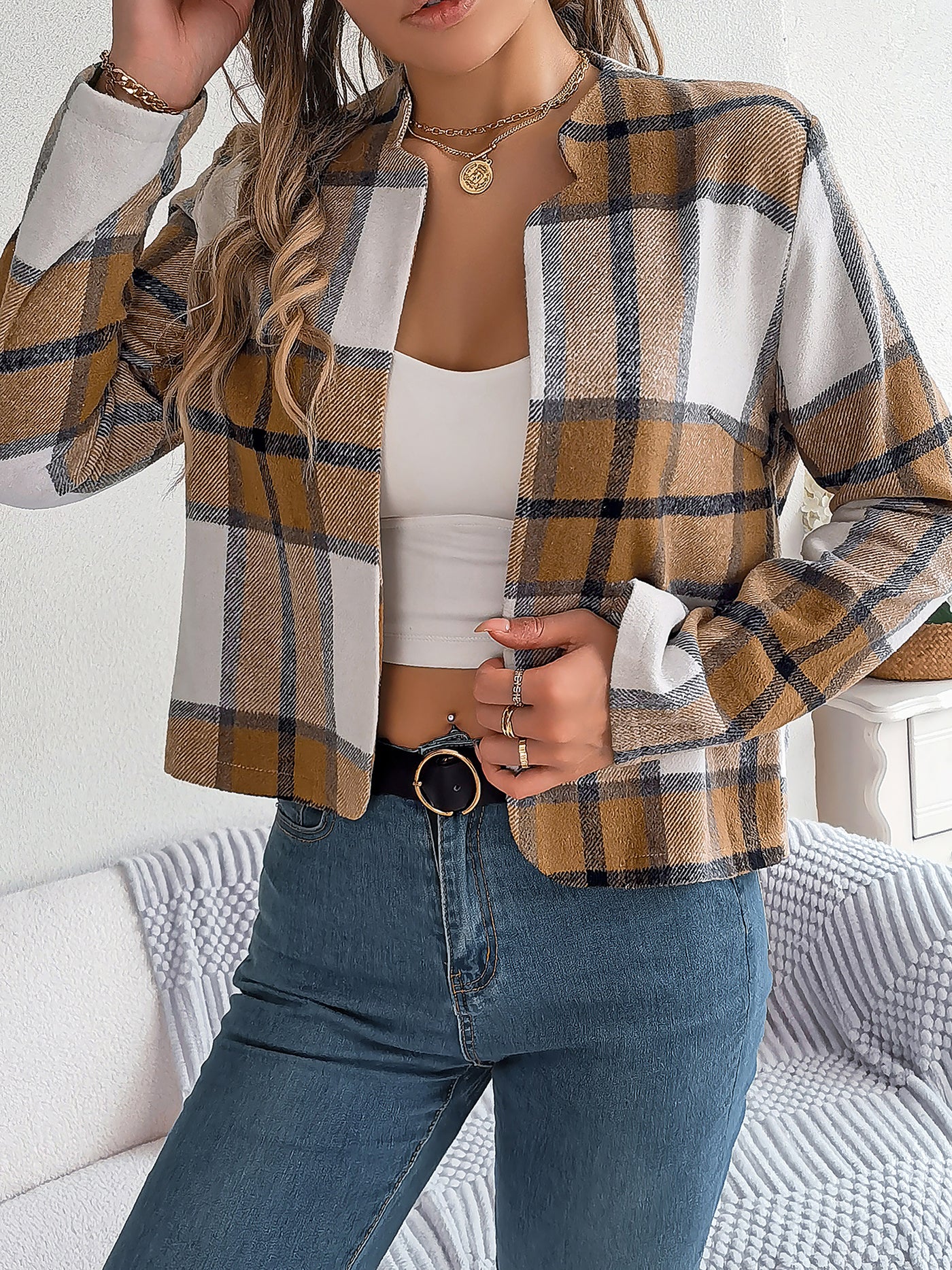 Allegra K Plaid Long Sleeves Open Front Cropped Jacket