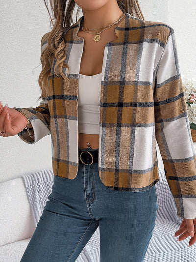 Plaid Long Sleeves Open Front Cropped Jacket