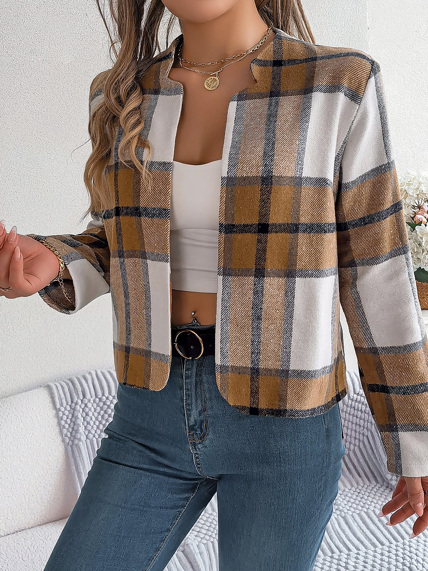 Allegra K Plaid Long Sleeves Open Front Cropped Jacket