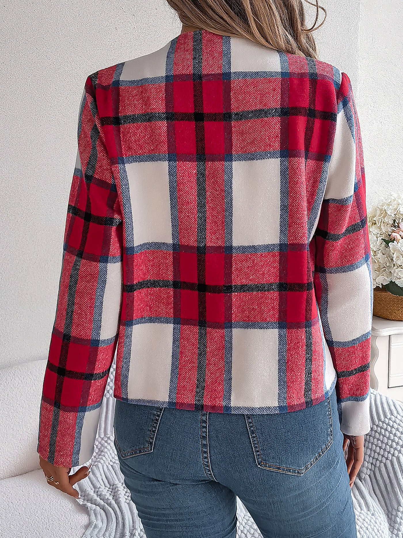 Allegra K Plaid Long Sleeves Open Front Cropped Jacket