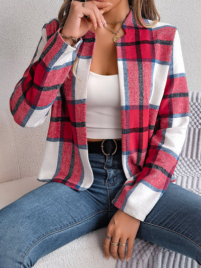 Plaid Long Sleeves Open Front Cropped Jacket