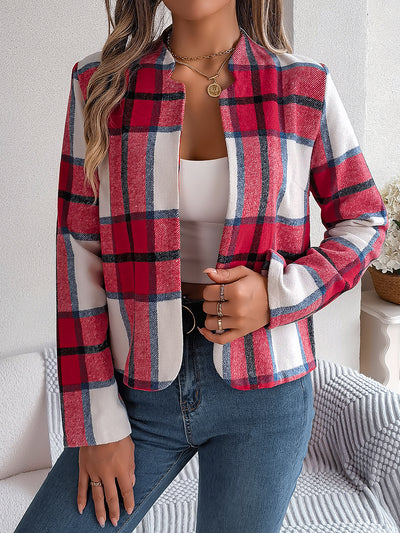 Plaid Long Sleeves Open Front Cropped Jacket