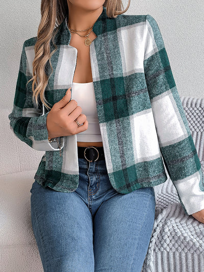 Plaid Long Sleeves Open Front Cropped Jacket