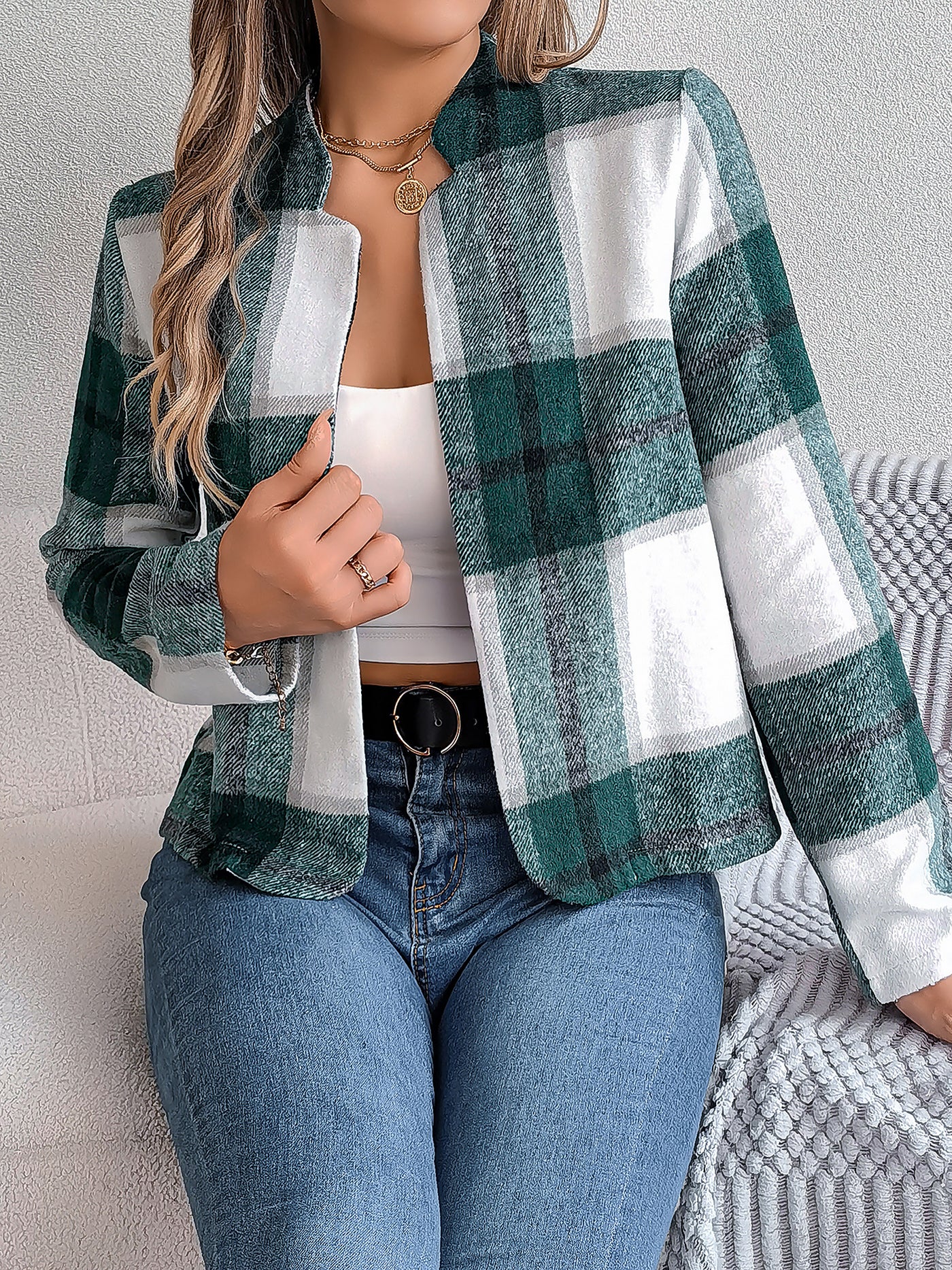 Allegra K Plaid Long Sleeves Open Front Cropped Jacket