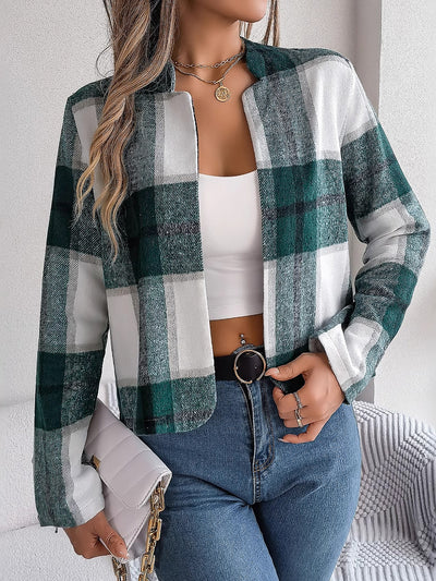 Plaid Long Sleeves Open Front Cropped Jacket