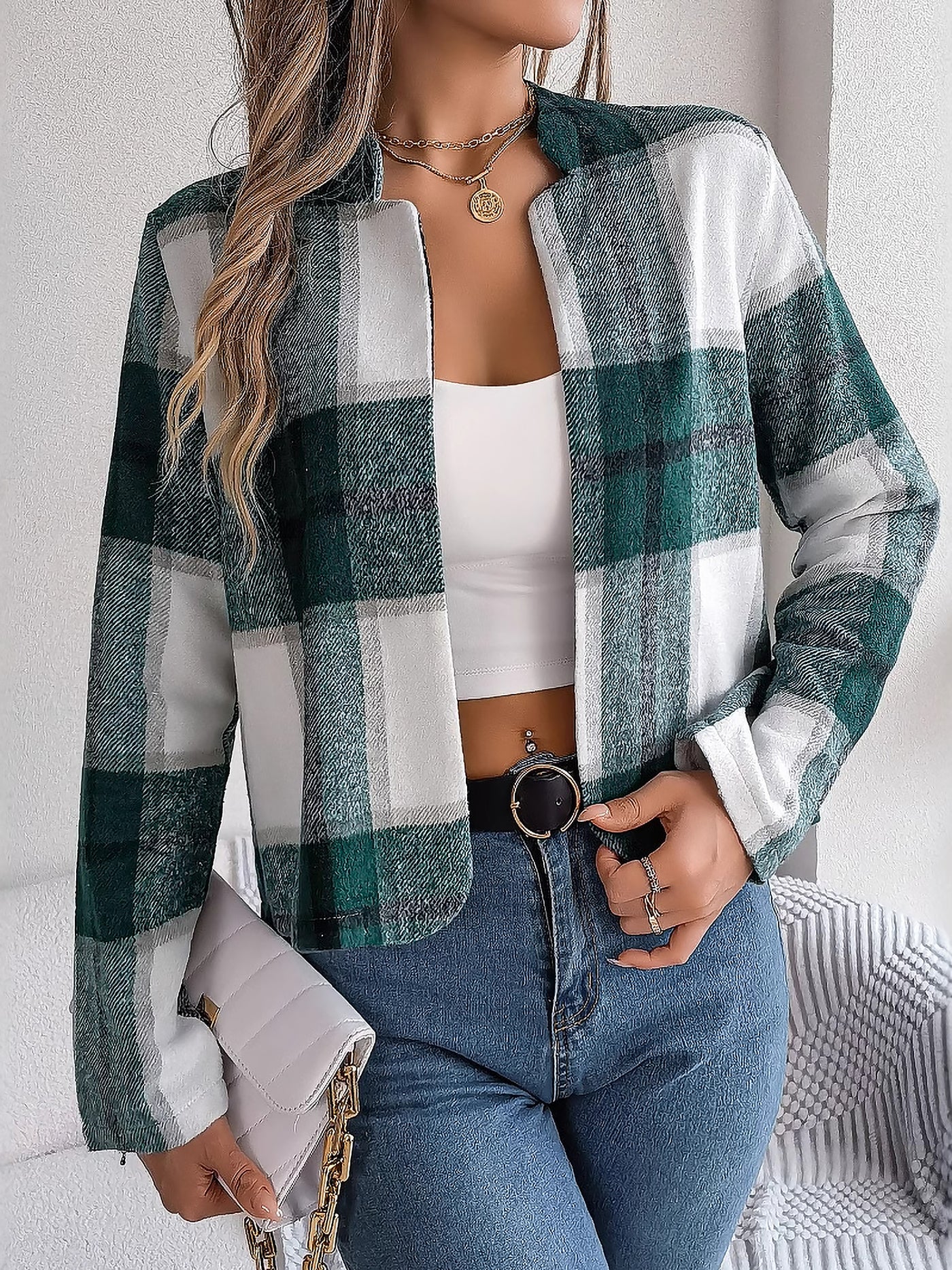 Allegra K Plaid Long Sleeves Open Front Cropped Jacket