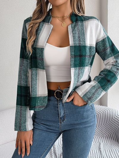 Plaid Long Sleeves Open Front Cropped Jacket