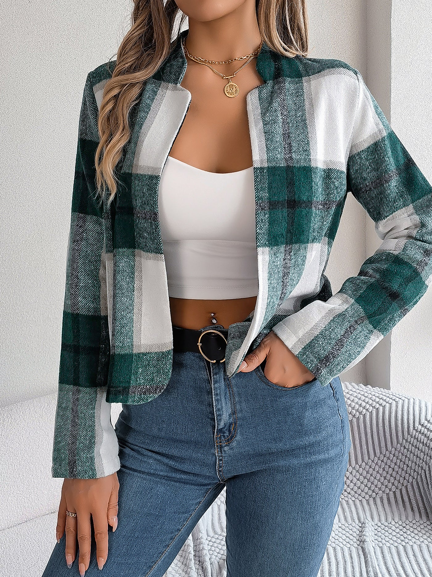 Allegra K Plaid Long Sleeves Open Front Cropped Jacket