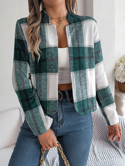 Plaid Long Sleeves Open Front Cropped Jacket