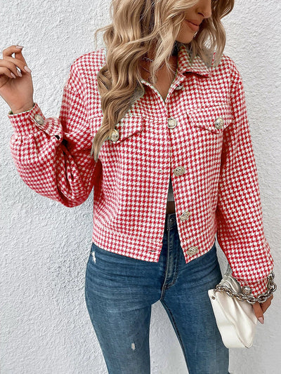 Collared Houndstooth Long Sleeves Cropped Jacket