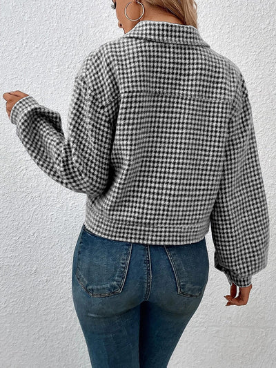 Collared Houndstooth Long Sleeves Cropped Jacket