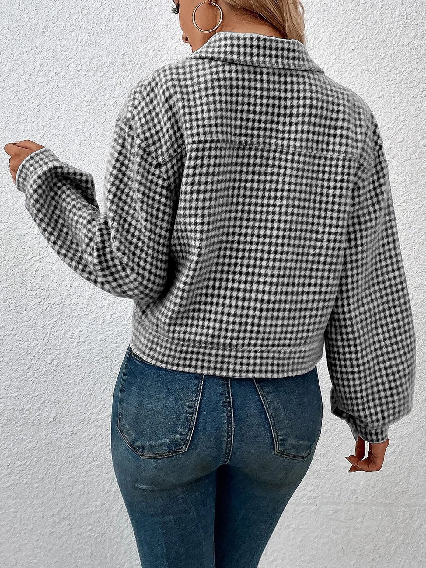 Allegra K Collared Houndstooth Long Sleeves Cropped Jacket