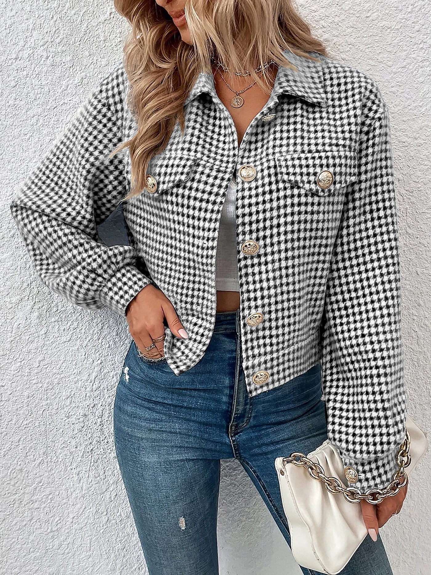 Allegra K Collared Houndstooth Long Sleeves Cropped Jacket