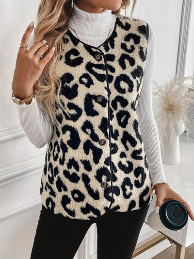 Leopard Print Front Button Sleeveless Pile Vest