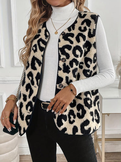 Leopard Print Front Button Sleeveless Pile Vest