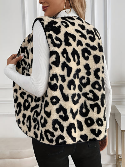 Leopard Print Front Button Sleeveless Pile Vest