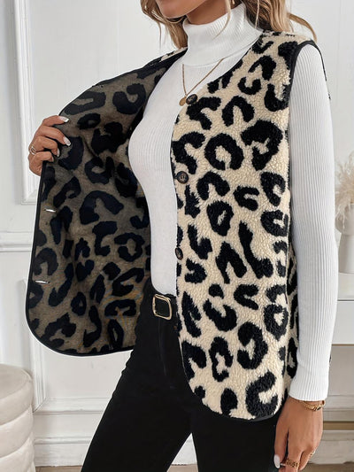 Leopard Print Front Button Sleeveless Pile Vest