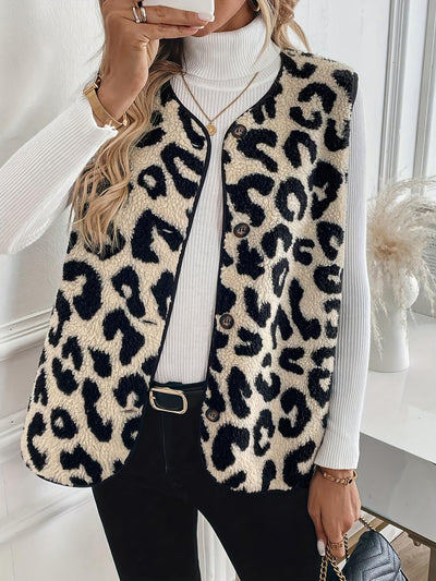 Leopard Print Front Button Sleeveless Pile Vest