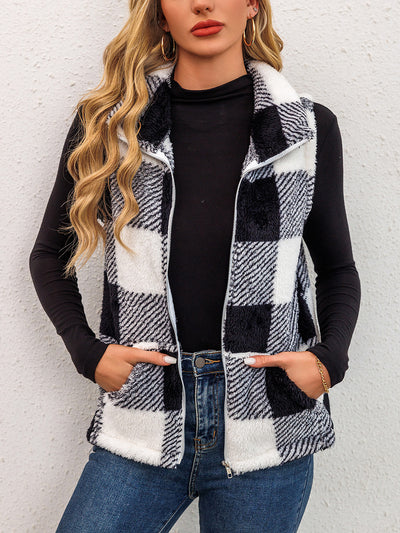 Plaid Sleeveless Zipper Pocketed Casual Pile Vest