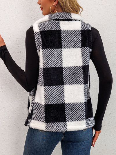 Plaid Sleeveless Zipper Pocketed Casual Pile Vest