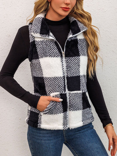 Plaid Sleeveless Zipper Pocketed Casual Pile Vest