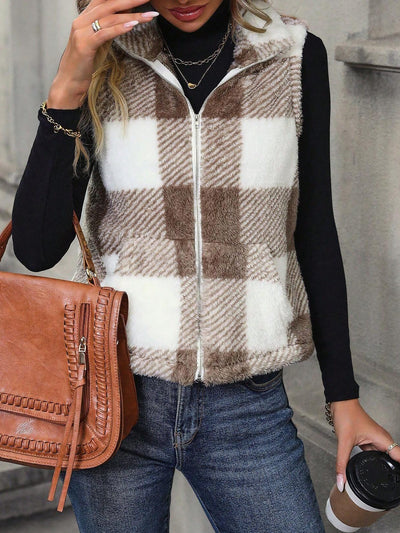 Plaid Sleeveless Zipper Pocketed Casual Pile Vest