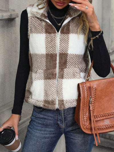 Plaid Sleeveless Zipper Pocketed Casual Pile Vest