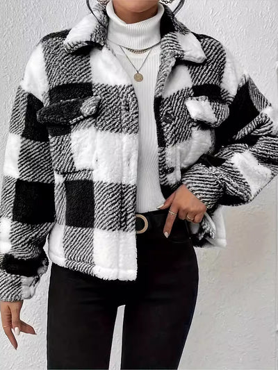 Plaid Long Sleeves Collared Casual Pile Jacket