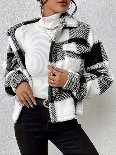 Plaid Long Sleeves Collared Casual Pile Jacket