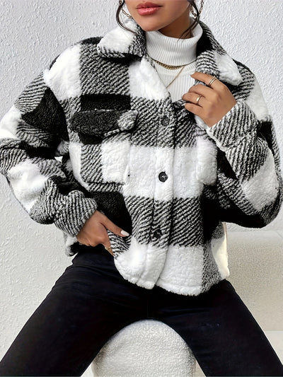 Plaid Long Sleeves Collared Casual Pile Jacket