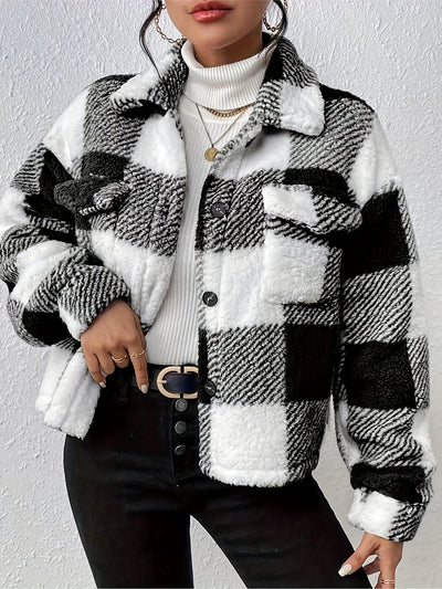 Plaid Long Sleeves Collared Casual Pile Jacket