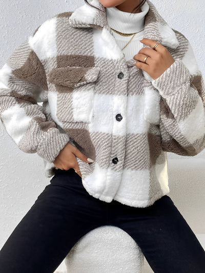 Plaid Long Sleeves Collared Casual Pile Jacket