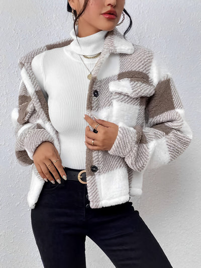 Plaid Long Sleeves Collared Casual Pile Jacket