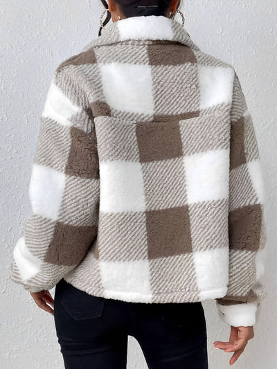 Plaid Long Sleeves Collared Casual Pile Jacket