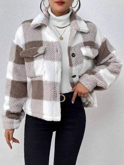 Plaid Long Sleeves Collared Casual Pile Jacket