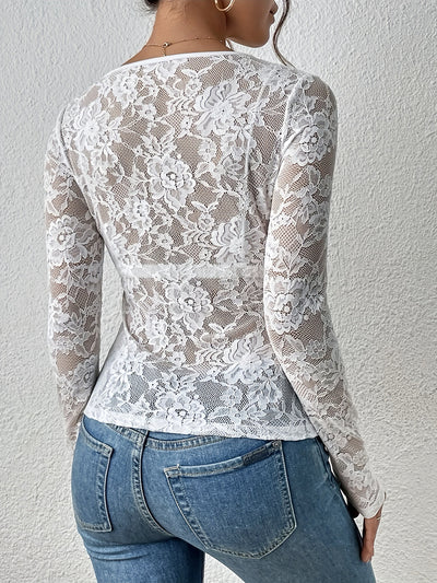 Lace Sheer Solid Color Long Sleeves Party Blouse