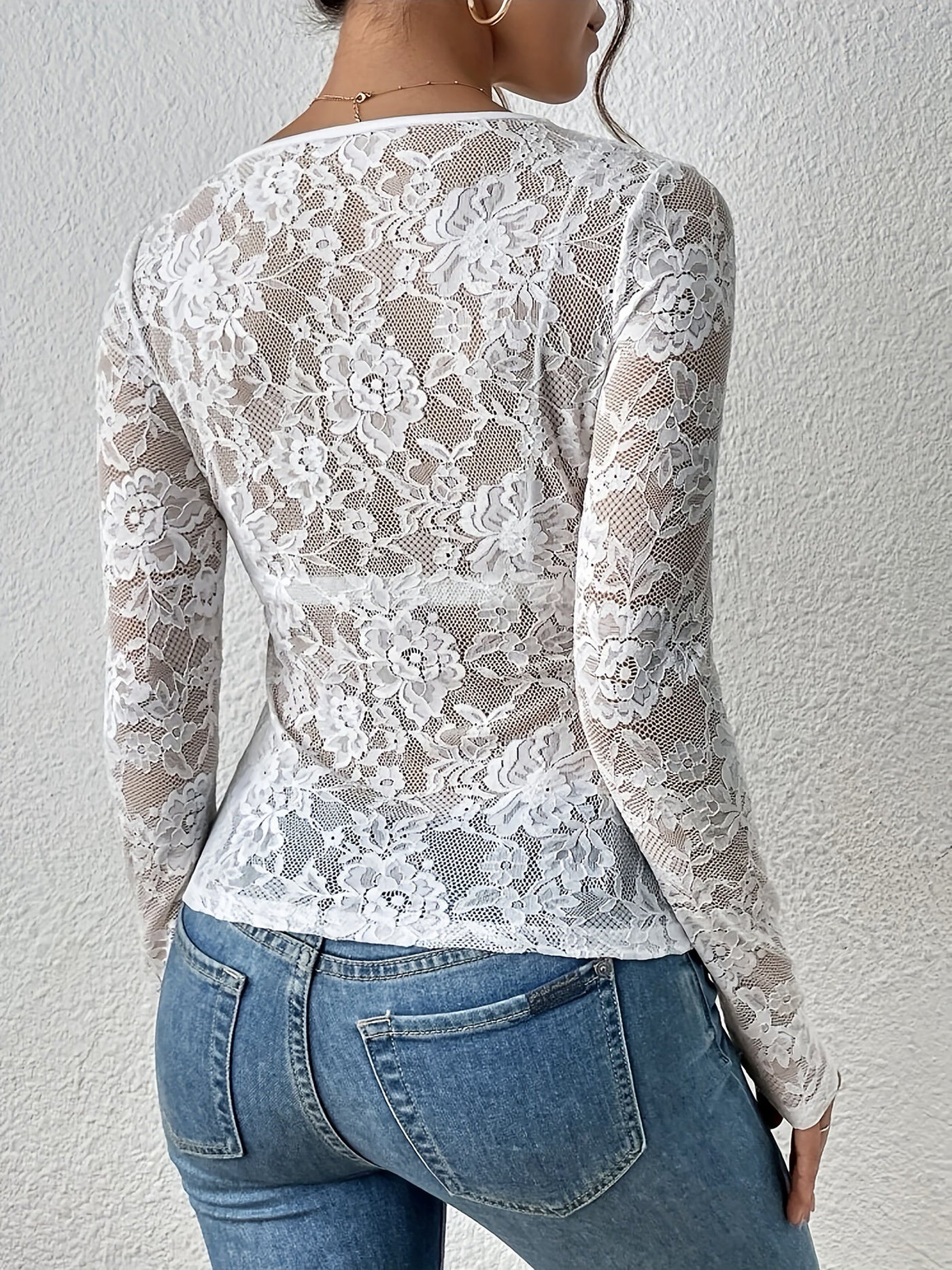 Allegra K Lace Sheer Solid Color Long Sleeves Party Blouse