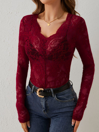 Lace Sheer Solid Color Long Sleeves Party Blouse