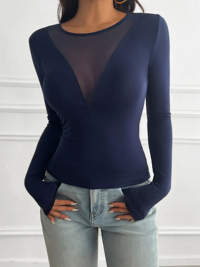 Round Neck Mesh Sheer Long Sleeves Blouse