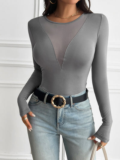 Round Neck Mesh Sheer Long Sleeves Blouse