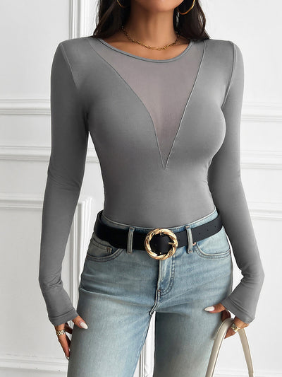 Round Neck Mesh Sheer Long Sleeves Blouse