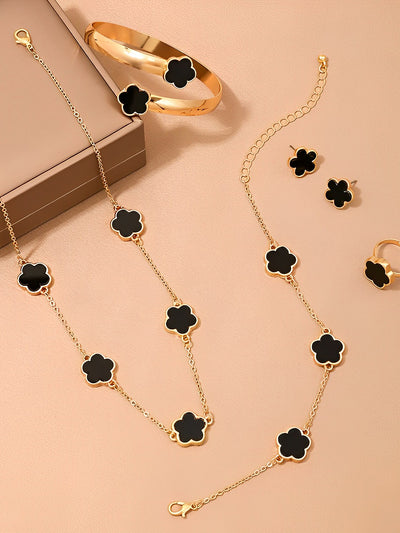 6 Pieces Metal Flower Bracelet Necklace Earrings Ring Set