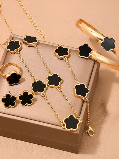 6 Pieces Metal Flower Bracelet Necklace Earrings Ring Set