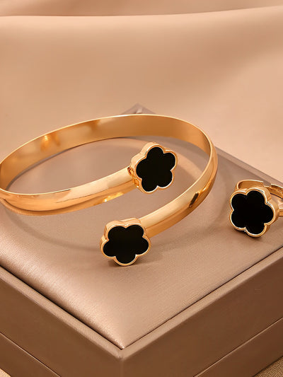 6 Pieces Metal Flower Bracelet Necklace Earrings Ring Set