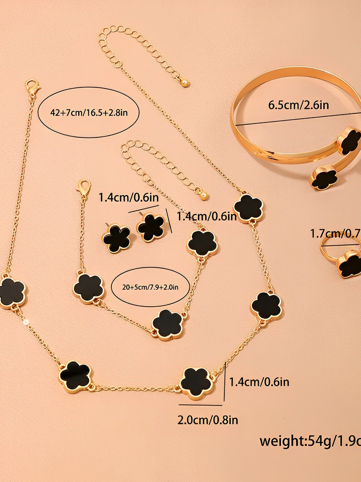 Allegra K 6 Pieces Metal Flower Bracelet Necklace Earrings Ring Set