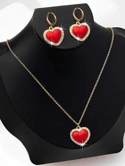 3 Pieces Faux Rhinestone Heart Pendant Earrings Necklace Set