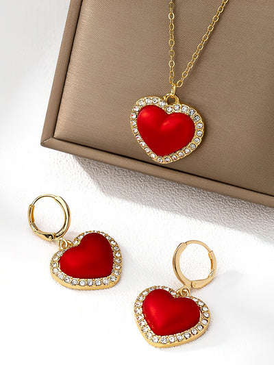 3 Pieces Faux Rhinestone Heart Pendant Earrings Necklace Set