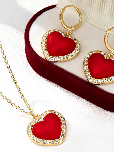 3 Pieces Faux Rhinestone Heart Pendant Earrings Necklace Set