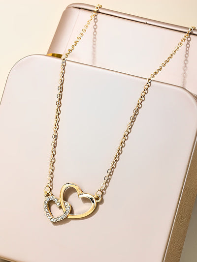 Double Heart Shape Faux Rhinestone Pendant Necklace